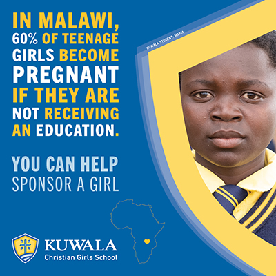 Image of social media post. Message reads, In Malawi 60% of teenage girls become pregnant if they are not receiving an education. 