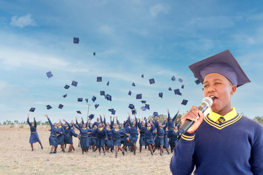 Students in celebration throwing their graduation Form 4 hats in the air