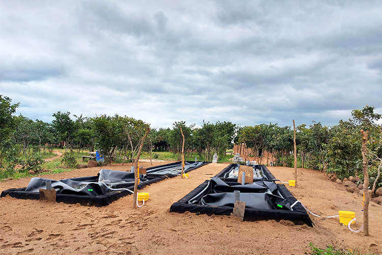 Biogas plant outside includes two digesters installed in the ground.  