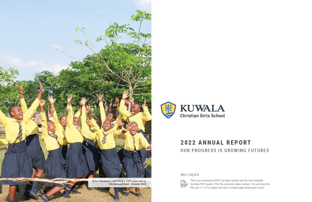 Visual representation of the Kuwala Annual Report cover with Kuwala Girls jumping outside with trees in the background in a group with hands raised in the air.