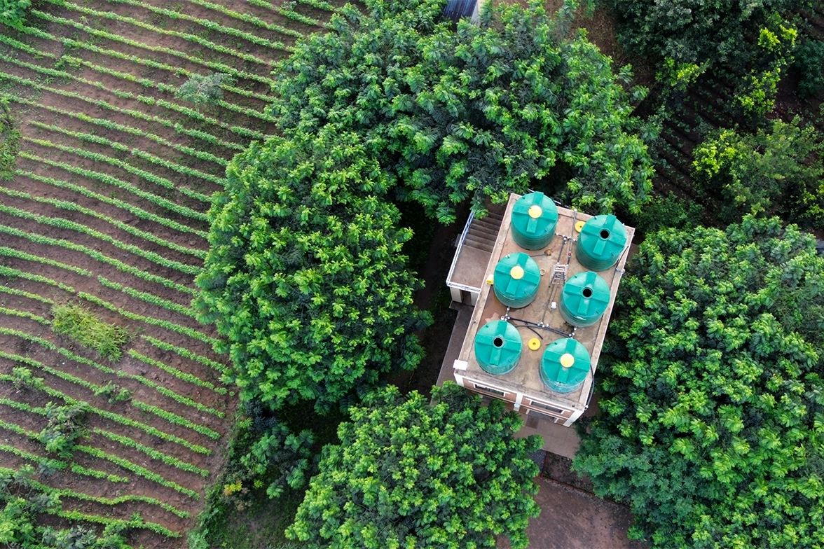 Aerial shot of the watertower surrounded by trees and the farm. Lots of green.